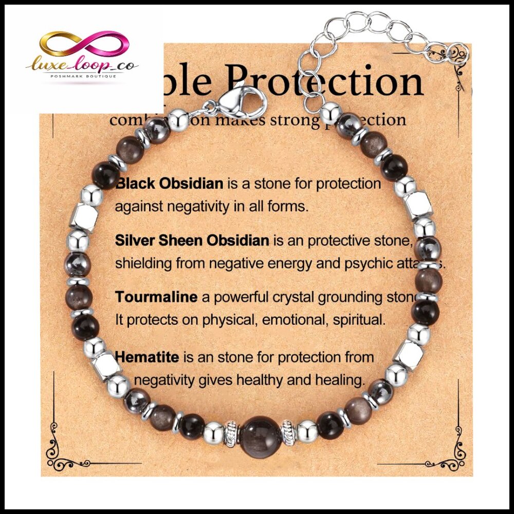 Healing Crystal Bracelet With Obsidian Hematite Tourmaline 6.5 Inch Adjustable